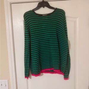 Cashmere Tipped Little Stripe Crew in Green and black
